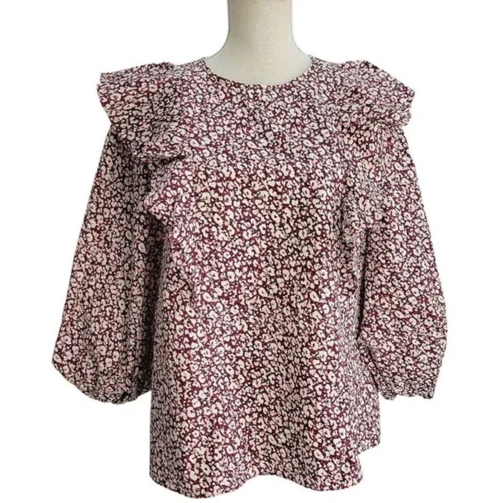 Ted Baker London Sanjaa Floral Ruffle Blouse Size 1 NWT Burgundy